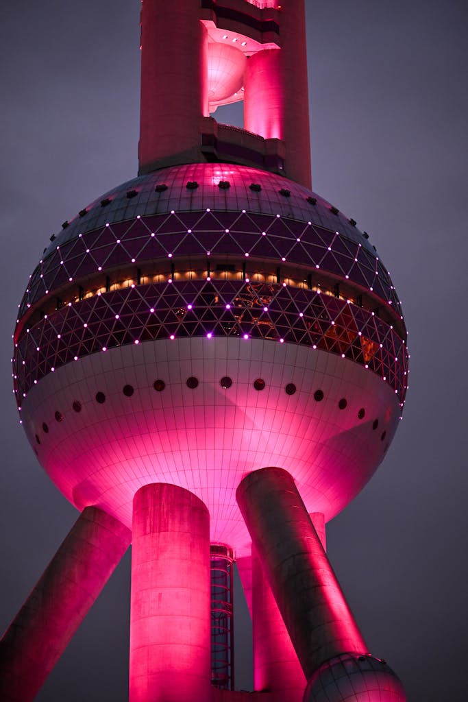 Stunning view of the illuminated Oriental Pearl Tower in Shanghai, China.