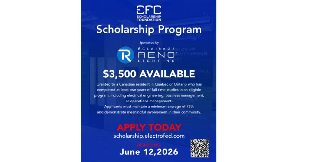 May 20, 2026 - RENO Lighting Announces Participation in the EFC Scholarship Program for Full-Time Students Residing in Ontario or Quebec 1