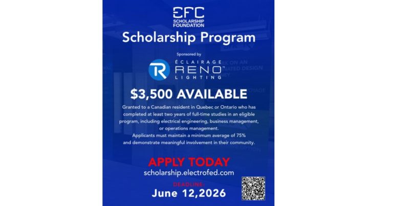 May 20, 2026 - RENO Lighting Announces Participation in the EFC Scholarship Program for Full-Time Students Residing in Ontario or Quebec 1